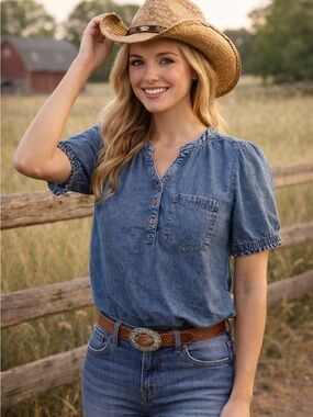 Sonoma Cute Blue Denim Button-Up Short Sleeved Top L